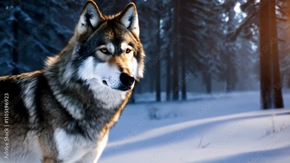 A wolf stands in the snowy forest under a full moon A wolf stands in the snowy forest under a full moon