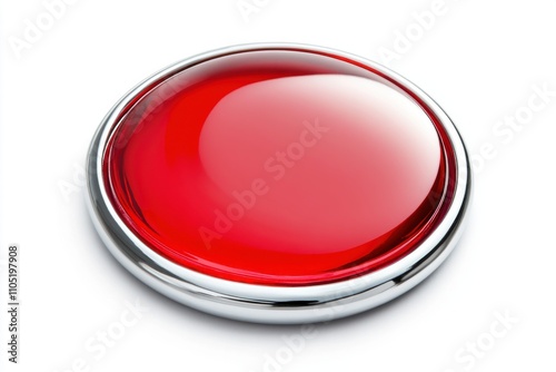 A glossy red circular button with a metallic rim illuminated with a soft gradient that emphasizes its smooth surface