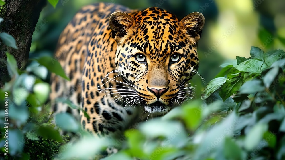 Obraz premium A close-up of a jaguar stealthily moving through lush greenery.