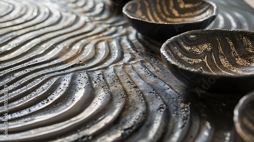 A collection of handmade ceramic bowls with intricate textured surfaces, inspired by natural elements like water and stone. The bowls are arranged on a textured background