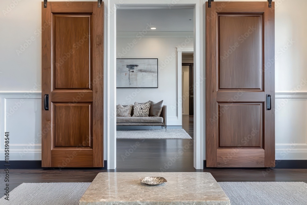 A walnut double door leading into a bright modern living room with minimalist decor.