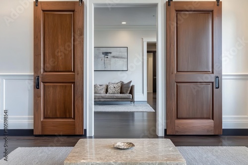 A walnut double door leading into a bright modern living room with minimalist decor.