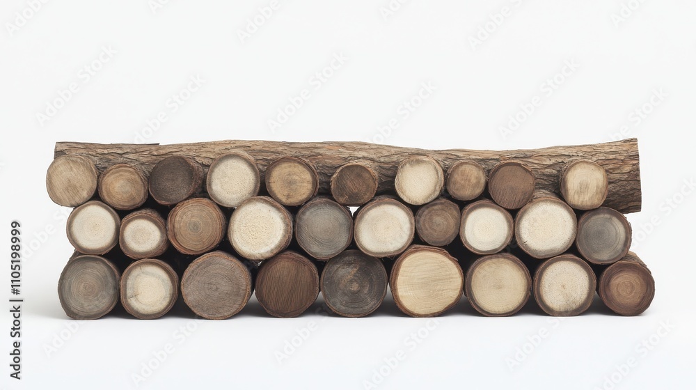 A horizontal arrangement of stacked wooden logs cut into round sections A horizontal arrangement of stacked wooden logs cut into round sections
