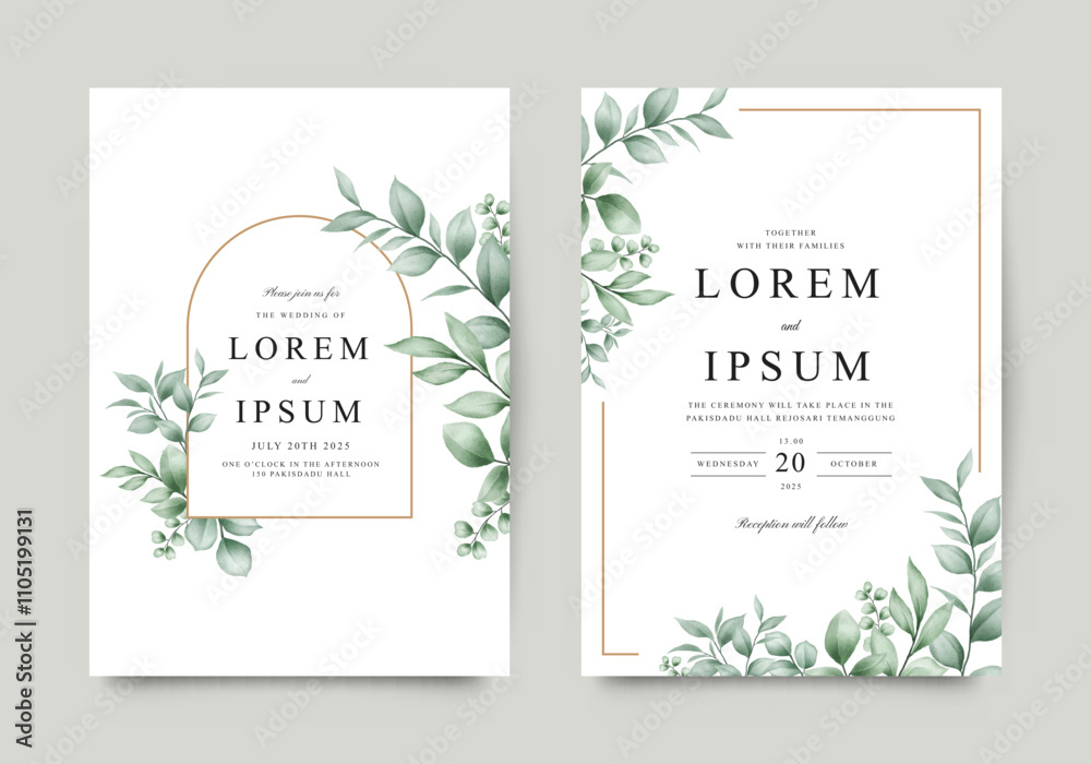 Greenery watercolor set elegant wedding invitation template