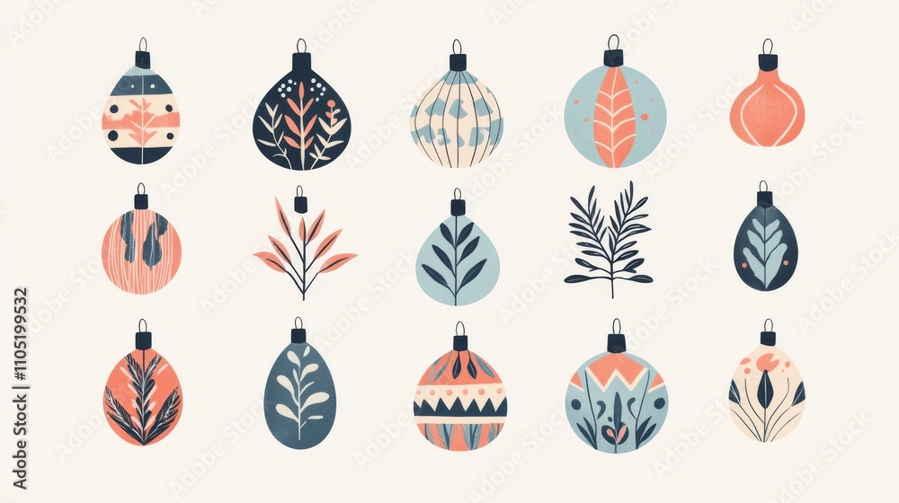 retro christmas elements set, block print technique, traditional holiday symbols, nostalgic winter motifs, decorative seasonal items, textured stamp effect, scandinavian folk art style, pastel color retro christmas elements set, block print technique, traditional holiday symbols, nostalgic winter motifs, decorative seasonal items, textured stamp effect, scandinavian folk art style, pastel color