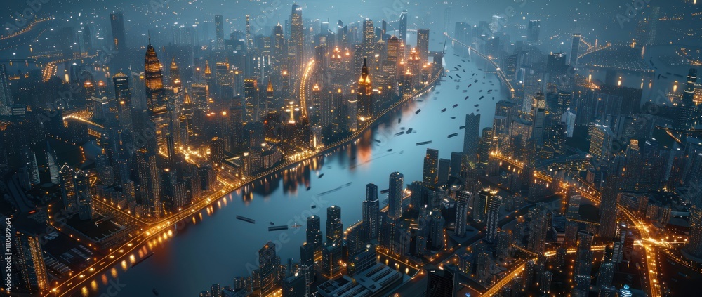 Nighttime Aerial View of a Modern City with a River Nighttime Aerial View of a Modern City with a River