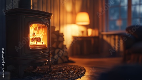 A cozy living room featuring a warm fireplace and soft lighting for relaxation.