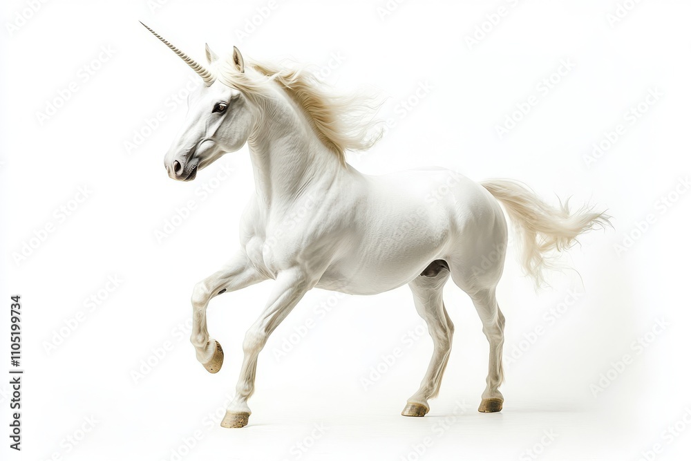 A majestic white unicorn mid step with a flowing mane and tail A majestic white unicorn mid step with a flowing mane and tail