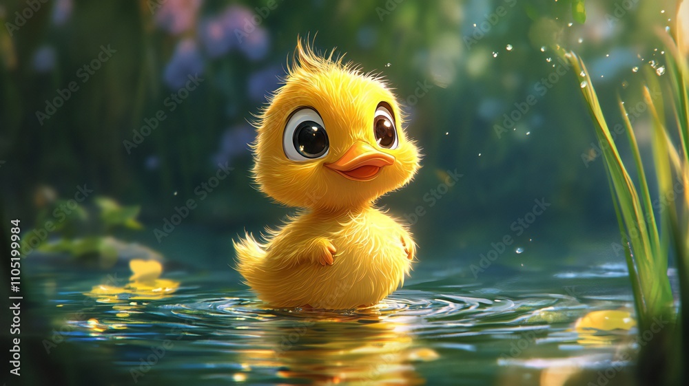 A cute baby duck in water, 3D 