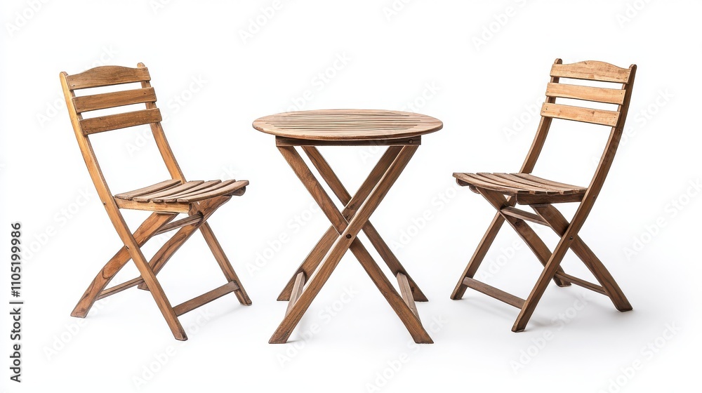 A minimalist wooden bistro set featuring a round table with crossed legs and two matching chairs with slatted backs A minimalist wooden bistro set featuring a round table with crossed legs and two matching chairs with slatted backs