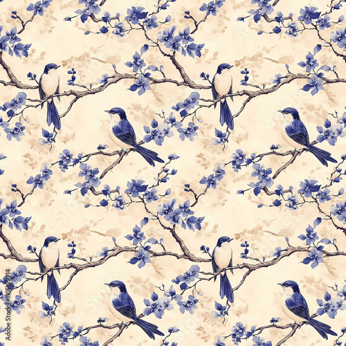 Elegant seamless pattern featuring birds and blossoms on branches in blue and cream