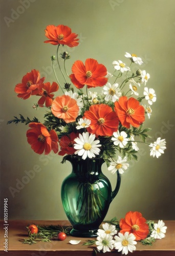 Wallpaper Mural Beautiful vibrant floral still life in a glass vase. Old postcard style. Illustration by Generative AI. Torontodigital.ca