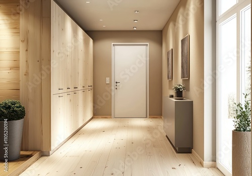 A modern hallway featuring light pine wood floors and a minimalist white entrance door.