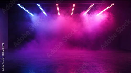 The dark stage illuminated by neon lights and smoke effects. AI generative photo