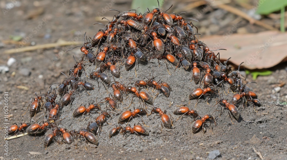 Busy Ants Surrounding a Nest on Soil Surface Busy Ants Surrounding a Nest on Soil Surface