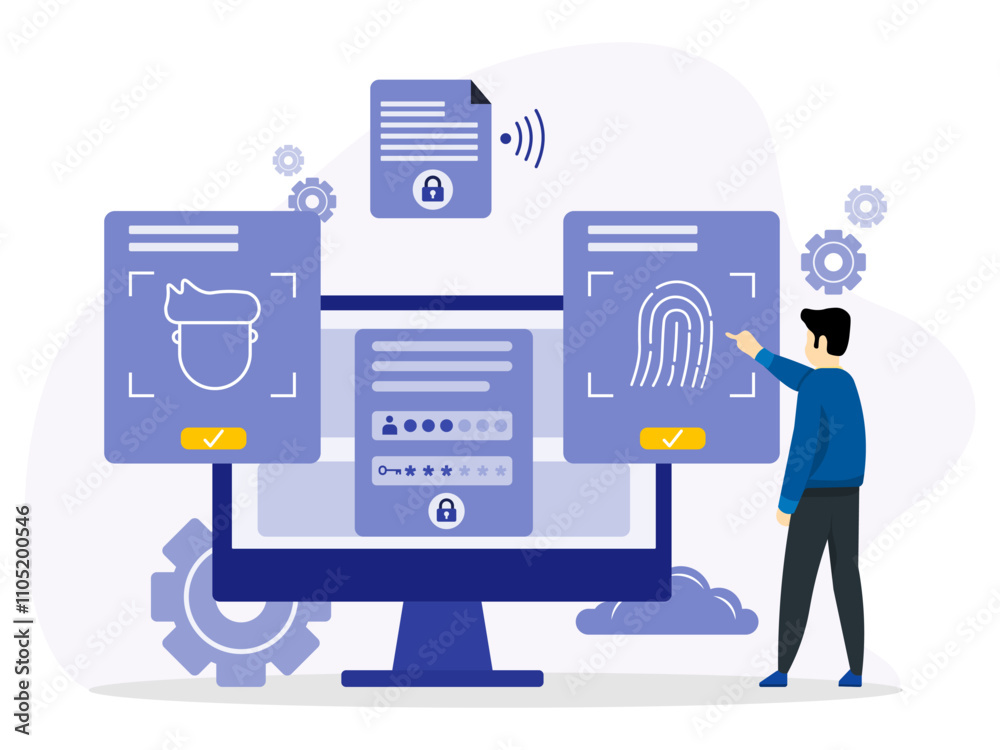 Man login to his computer account with fingerprint, username password and face recognition. Business data protection, safety account, technology firewall. Cyber security on flat vector illustration. Man login to his computer account with fingerprint, username password and face recognition. Business data protection, safety account, technology firewall. Cyber security on flat vector illustration.