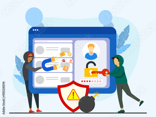 Hacker hack and steal personal account information concept. Male in hood open someone social media account and another man hold magnet to attract victim's picture, message, chat and location. 