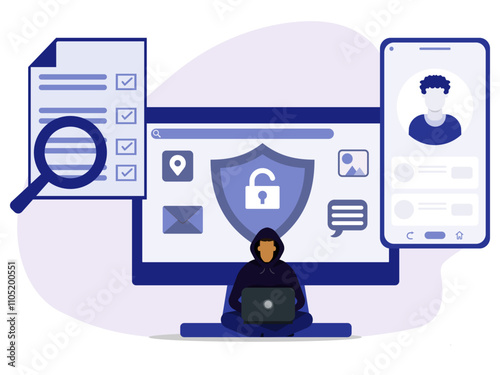 Hacker in hood using laptop to hacking someone's account social media for searching information and access picture, message, chat and location. Cyber attack concept on flat vector illustration. 