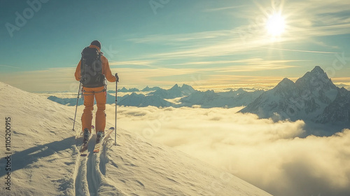 Ski equipment on a snow-covered peak in the French Alps. AI generative photo