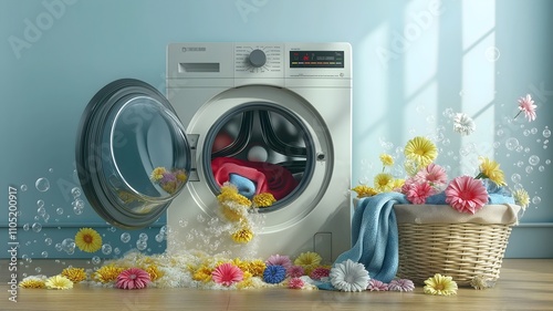 Washing machine, bubbles and spring flowers on laundry day, representing fresh clean scent.