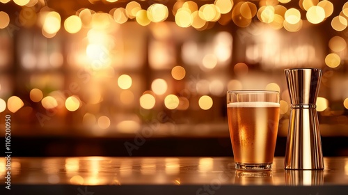 Golden Hour at the Bar: Pint of Beer and Jigger on the Counter