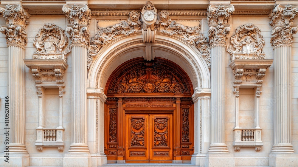Grand Entrance: Intricate details and a sense of history radiate from this majestic archway, adorned with ornate carvings and leading to a pair of imposing wooden doors. Grand Entrance: Intricate details and a sense of history radiate from this majestic archway, adorned with ornate carvings and leading to a pair of imposing wooden doors.