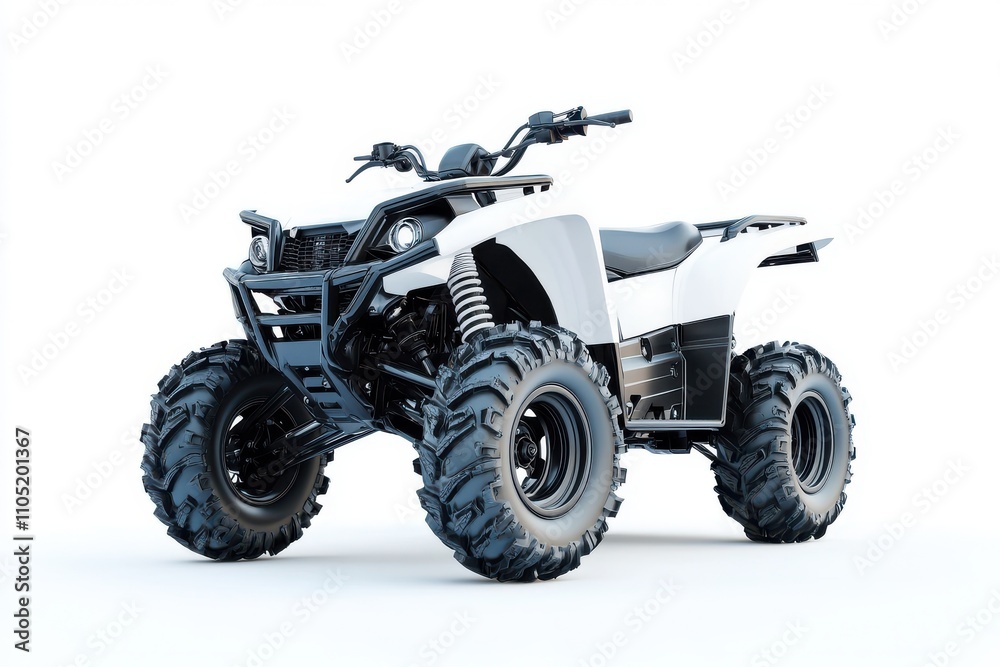 A rugged white ATV with thick durable tires and a sleek body design A rugged white ATV with thick durable tires and a sleek body design