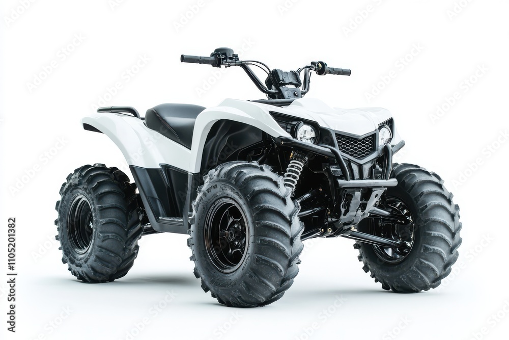 A rugged white ATV with thick durable tires and a sleek body design A rugged white ATV with thick durable tires and a sleek body design