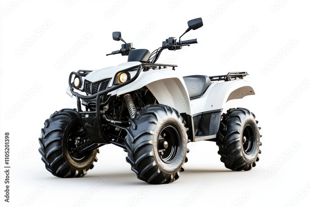 A rugged white ATV with thick durable tires and a sleek body design A rugged white ATV with thick durable tires and a sleek body design