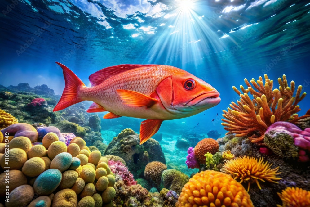 Naklejka premium Stunning Redfish Swimming Gracefully in Crystal Clear Waters with Vibrant Coral Reef, Ideal for Nature and Aquatic Life Enthusiasts, Perfect for Commercial and Editorial Use