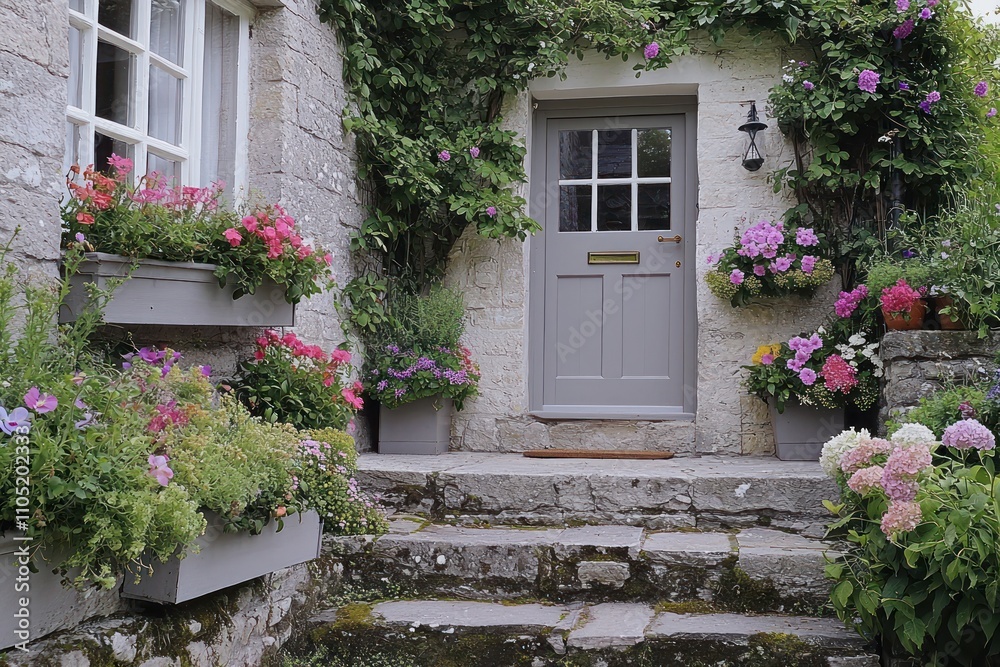 Quaint entry with stone steps, flower boxes, and grey door with ivy accents. Quaint entry with stone steps, flower boxes, and grey door with ivy accents.
