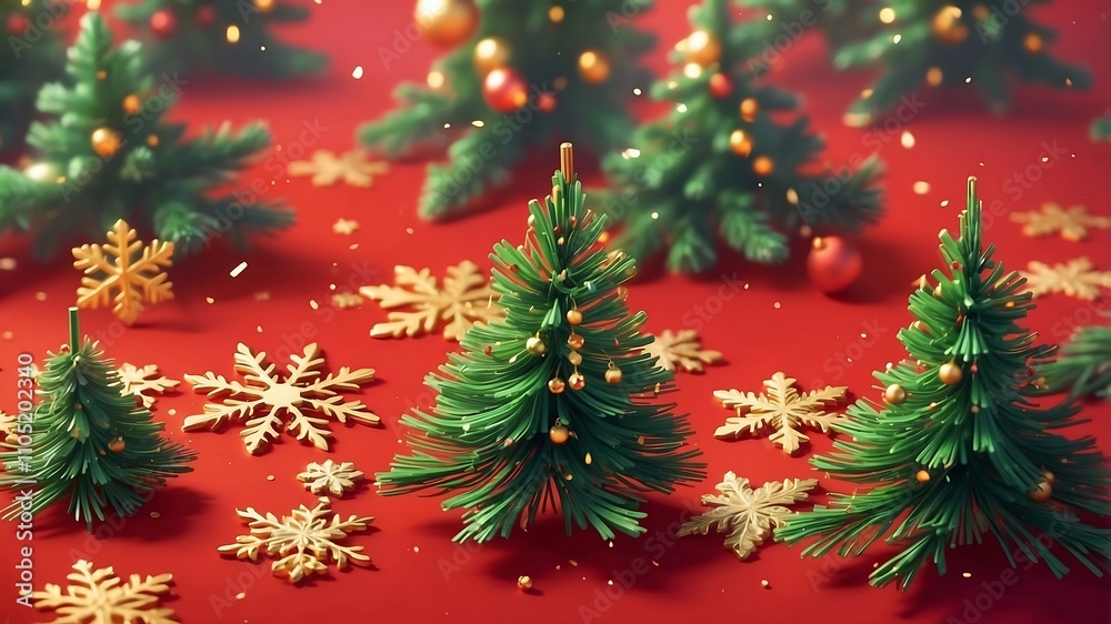Red Christmas Background with Scattered Golden Snowflakes and Subtle Green Pine Branches Red Christmas Background with Scattered Golden Snowflakes and Subtle Green Pine Branches