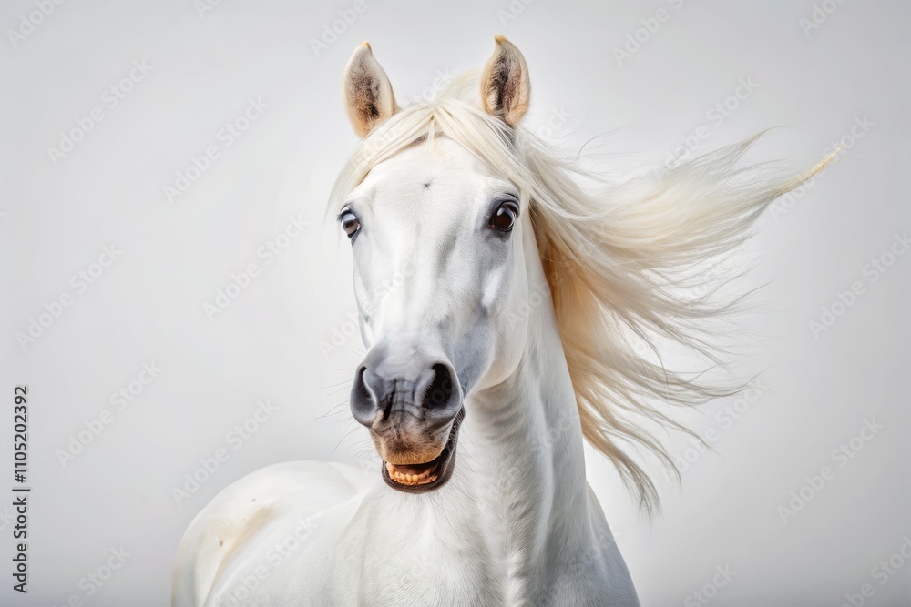 Obraz premium Surprised White Horse Portrait for Veterinary Clinic or Pet Store Advertising Banner with Bright White Background, Showcasing the Beauty and Health of Equine Companions