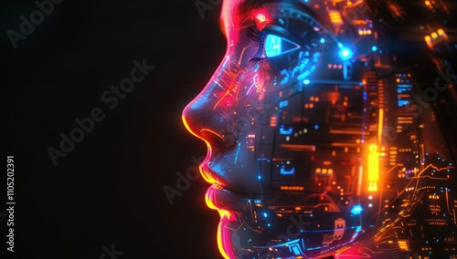 Cybernetic Human Portrait with Neon Lights