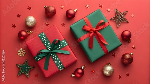 Festive red and green presents adorned with ribbons, surrounded by Christmas ornaments on a vibrant red backdrop, conveying a joyful holiday spirit
