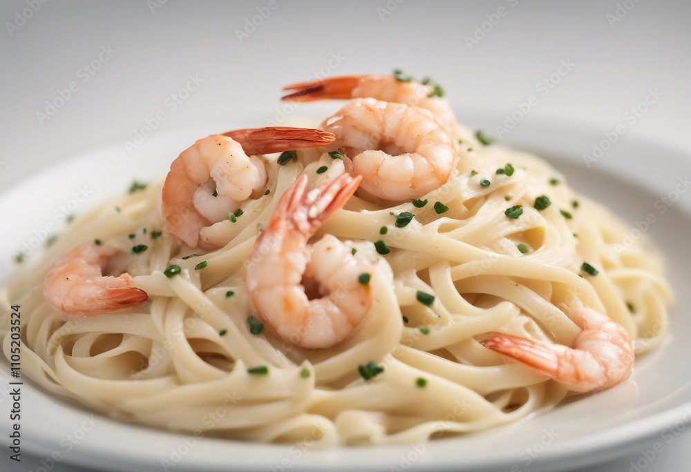 hrimp Fettuccine Alfredo isolated on white background hrimp Fettuccine Alfredo isolated on white background