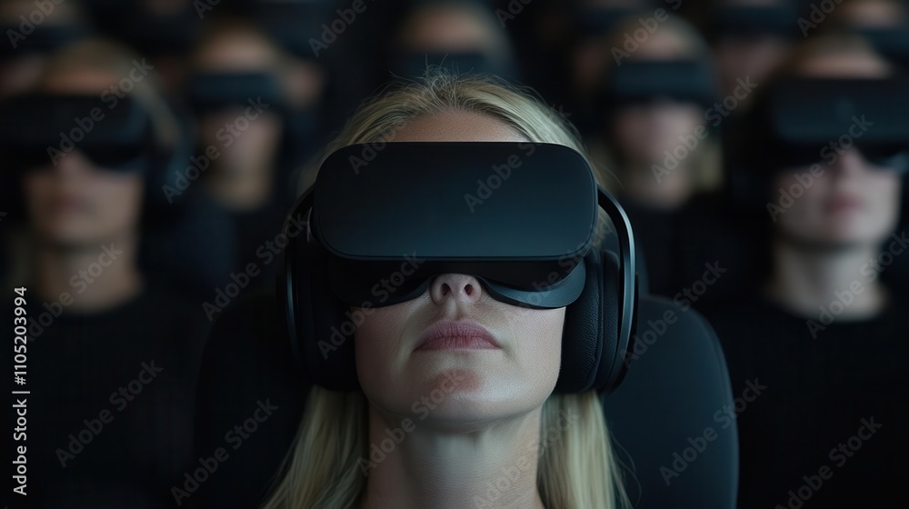Group of people wearing VR headsets experiencing virtual reality in a modern setting Group of people wearing VR headsets experiencing virtual reality in a modern setting