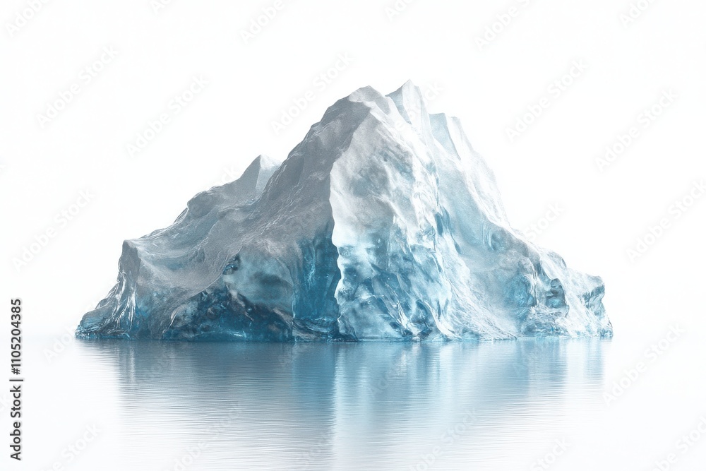 A towering and detailed iceberg floating in calm reflective water