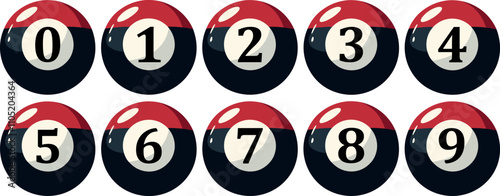 Illustration of spheres from 0 to 9 "zero, one, two, three, four, five, six, seven, eight, nine, 1, 2, 3, 4, 5, 6, 7, 8, 9" with the number highlighted in the center. Black and white red snooker ball 