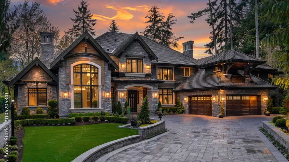 Beautiful, newly built luxury home exterior. Beautiful, newly built luxury home exterior.