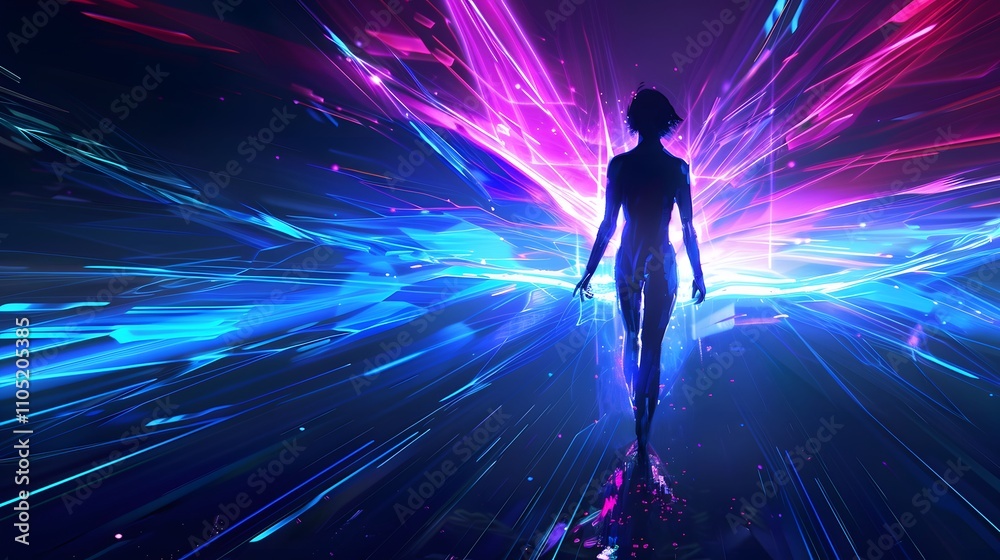 Silhouetted Woman Walking Through Neon Light Trails Silhouetted Woman Walking Through Neon Light Trails