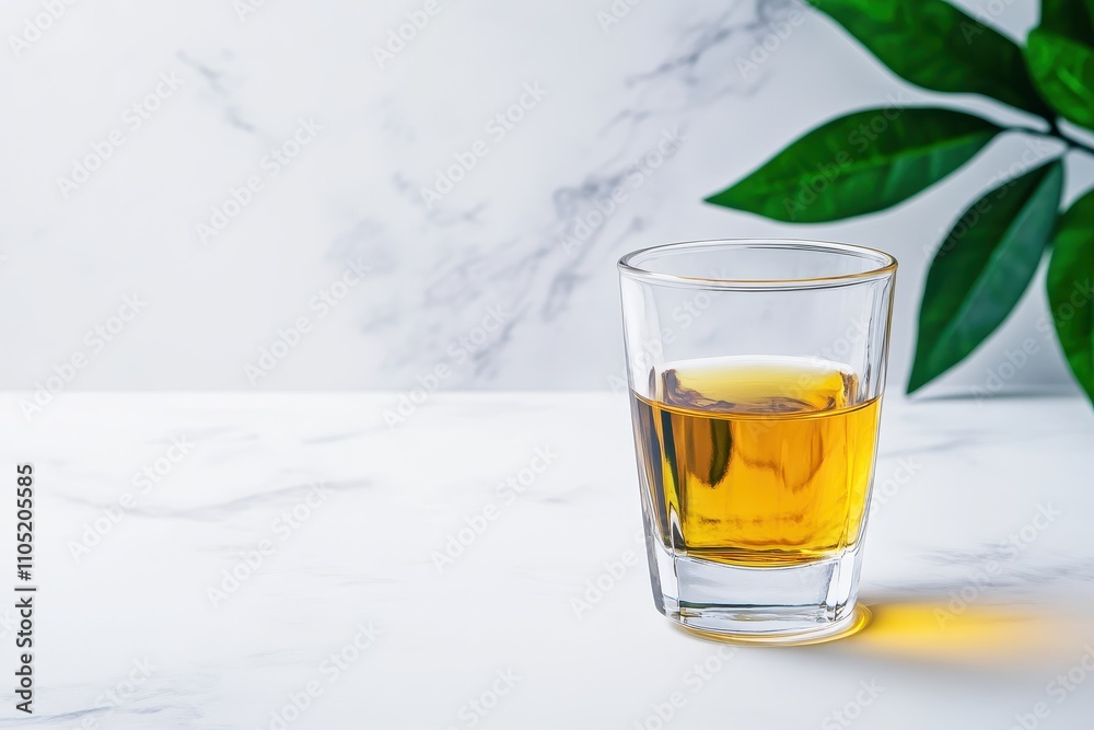 Minimalistic shot glass of vodka elegantly placed on a pristine white marble surface. Minimalistic shot glass of vodka elegantly placed on a pristine white marble surface.