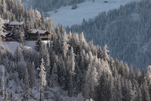 snow covered mountain chalet skiing