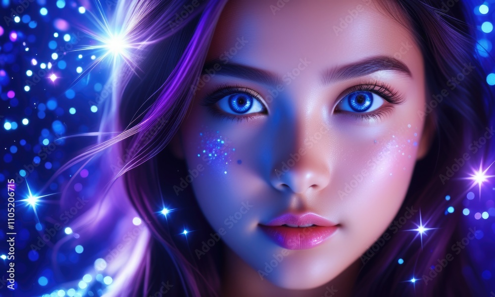 Mystical portrait of a young woman with sparkling blue eyes in a magical setting Mystical portrait of a young woman with sparkling blue eyes in a magical setting