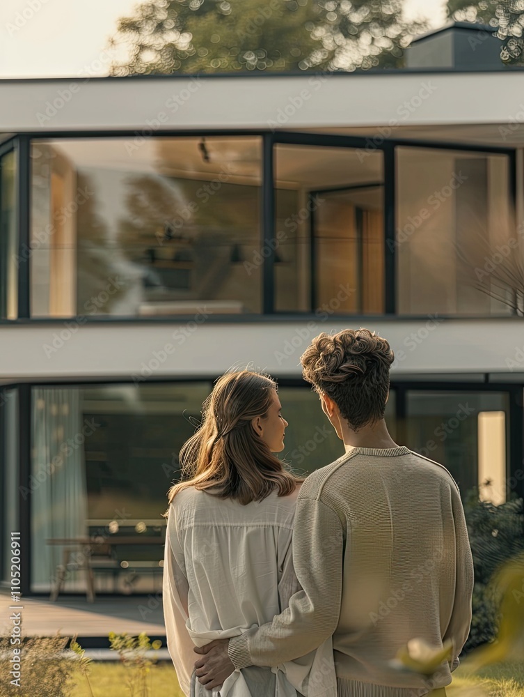 Rear view of young couple looking at their new house. Rear view of young couple looking at their new house.