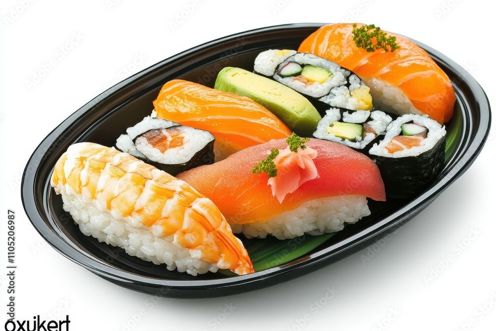 Assorted sushi platter with vibrant rolls on black plate Isolated on a white background Assorted sushi platter with vibrant rolls on black plate Isolated on a white background