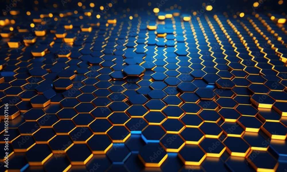 Naklejka premium Futuristic blue and gold hexagonal pattern with glowing highlights