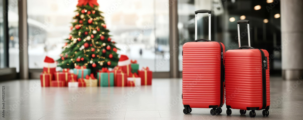 Two red suitcases in an airport terminal during the holiday season, with a decorated Christmas tree and gifts in the background Two red suitcases in an airport terminal during the holiday season, with a decorated Christmas tree and gifts in the background