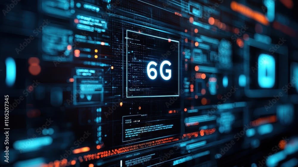 A futuristic digital interface showcasing the concept of 6G technology with vibrant colors and intricate data patterns. A futuristic digital interface showcasing the concept of 6G technology with vibrant colors and intricate data patterns.