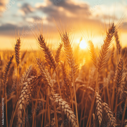 A peaceful wheat field under a sunset sky with soft clouds and warm tones. AI generative photo